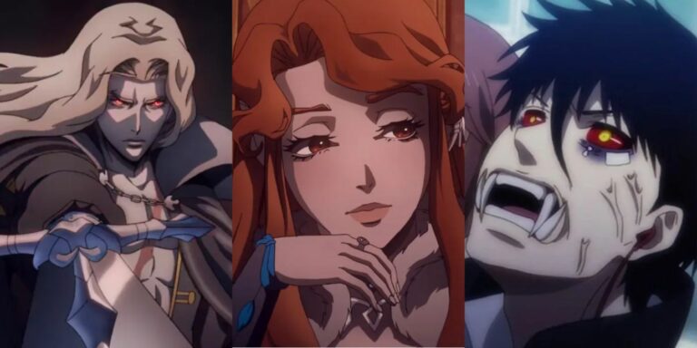 Alucard wielding sword (left); Lenore thinking (center); Anzai transforming (right)