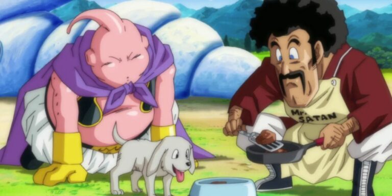 Hercule Satan plays with Buu and dog Bee in Dragon Ball Z