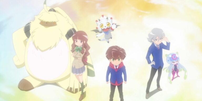 Angoramon, Ruli Tsukiyono, Gammamon, Hiro Amanokawa, Kiyoshiro Higashimitari and Jellymon in Digimon Ghost Game
