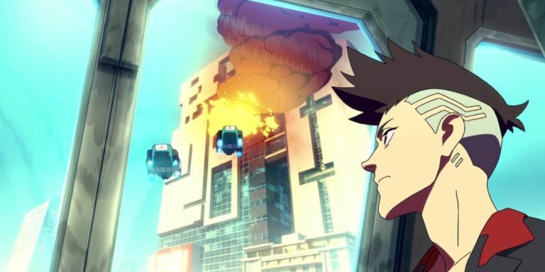 Cyberpunk Edgerunners David looking at Trauma Team and explosion