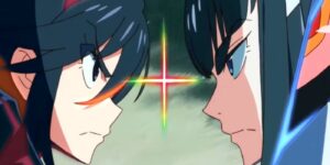Satsuki and Ryuko Matoi glaring at each other