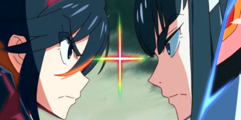 Satsuki and Ryuko Matoi glaring at each other