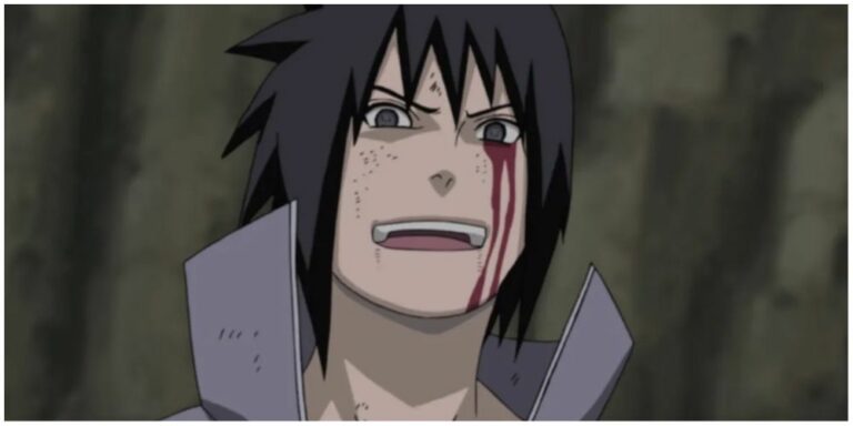 Sasuke laughing with a bloody eye in Naruto.