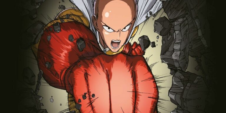 saitama delivering a punch in one punch man