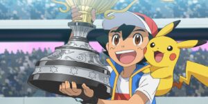 Ash and Pikachu accept the World Coronation Series trophy in Pokémon Journeys