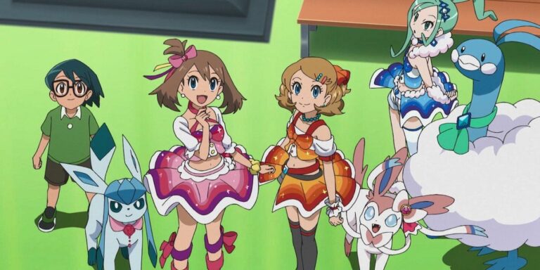 Max, May, and Serena watch Ash in the Masters Eight Finals in Pokémon Journeys