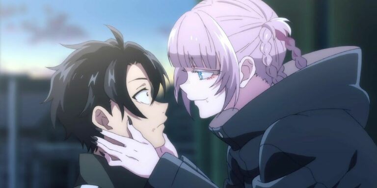Close up of Call of the night's Nazuna and Kou looking at each other