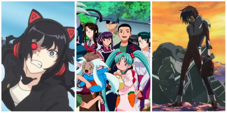 A split image of FLCL Progressive, Tenchi Muyo Ryo Ohki, and Gundam Seed Destiny