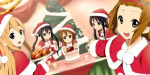 Yui, Mugi, Azusa, Ritsu, and Mio from K-ON! celebrate Christmas