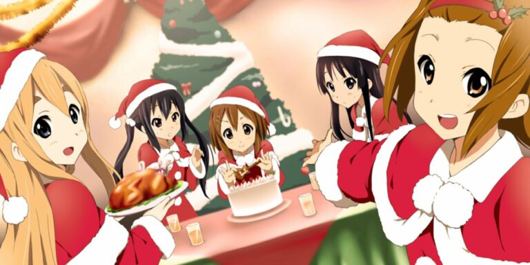 Yui, Mugi, Azusa, Ritsu, and Mio from K-ON! celebrate Christmas