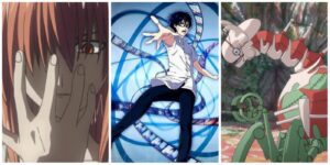 A split image of Lucy from Elfen Lied, time travel from Erased, and monster from Made in Abyss