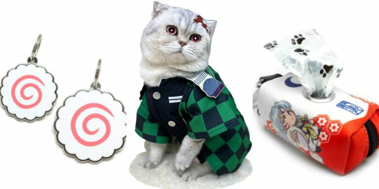 Collage of a Naruto pet ID tag, Demon Slayer cat costume, and Inuyasha poop bag carrier