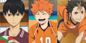 A collage of Tobio Kageyama Shoyo Hinata and Yuu Nishinoya from Haikyuu!!