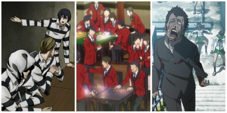 A split images of the schools from Prison School, Kakegurui, and Highschool of the Dead