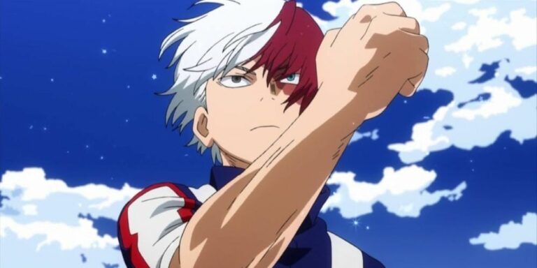 My Hero Academia's Shoto Todoroki looking determined.