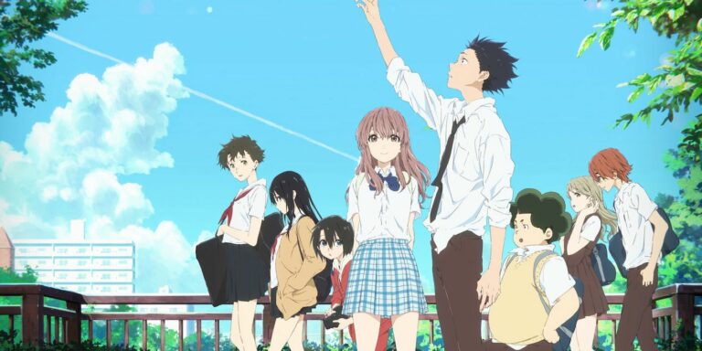 The characters from A Silent Voice outside.
