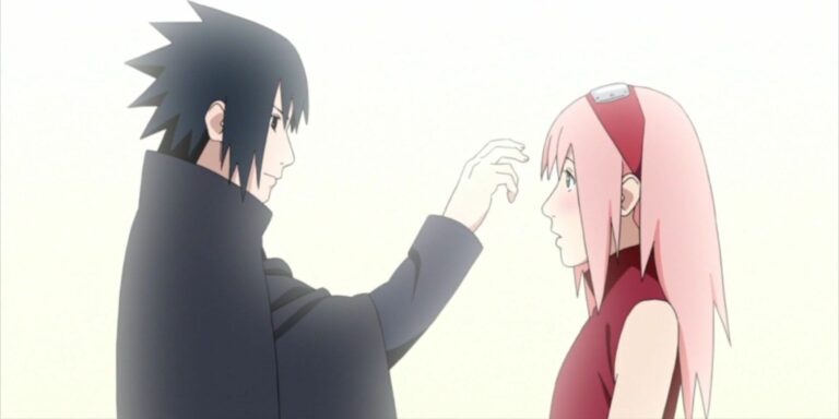 Sasuke poking Sakura's forehead at the end of Naruto
