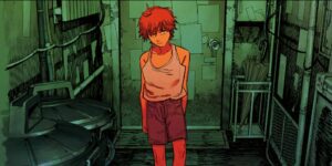 chainsaw man denji standing outside of the doors