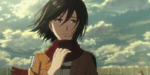 Mikasa holding her scarf in Attack on Titan anime