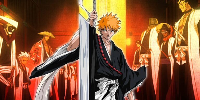 Ichigo holds his sword, Zangetsu, in front of the Gotei 13