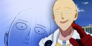 On the right, Saitama points with a grin. On the left, Saitama stares with al ight shining above him.