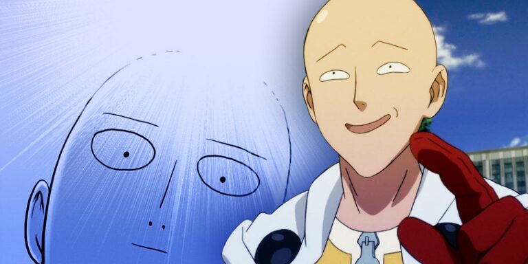 On the right, Saitama points with a grin. On the left, Saitama stares with al ight shining above him.