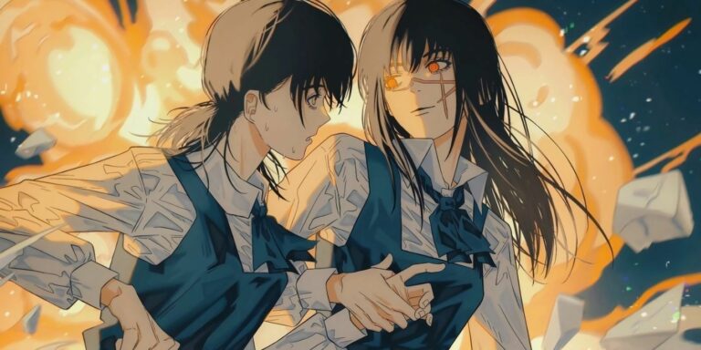 chainsaw man asa and yoru fan art showing asa and yoru in the middle of an explosion