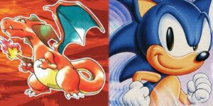 Charizard from Pokemon Red's cover collaged with Sonic the Hedgehog