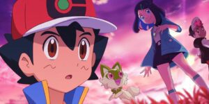 Ash Ketchum in the left corner with Liko and Roy on the right