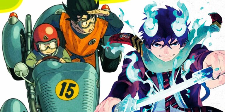 Dragon Ball characters Krillin and Goku illustrated by Tatsuya Endo and character Rin Okumura of manga Blue Exorcist illustrated by Kazue Kato