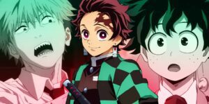 Denji of anime Chainsaw Man, Tanjiro of anime Demon Slayer, and Deku of anime My Hero Academia