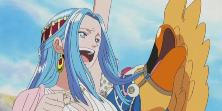 Nefertari Vivi, princess of Alabasta Kingdom, and Karoo Saying Goodbye To The Straw Hat Pirates at the end of One Piece's Alabasta Kingdom Arc
