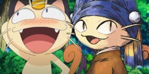 Meowth blushes at his Girl With a Pearl Earring-style counterpart