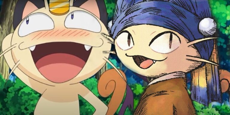 Meowth blushes at his Girl With a Pearl Earring-style counterpart