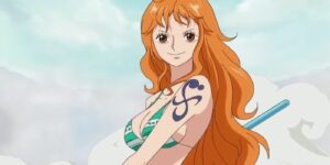 Nami in One Piece wearing a bikini top and smiling.