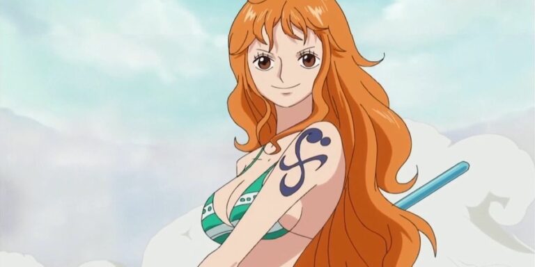 Nami in One Piece wearing a bikini top and smiling.