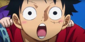 One Piece's Luffy hangs his mouth open in surprise