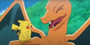Pikachu happily sits on Charizard's shoulder