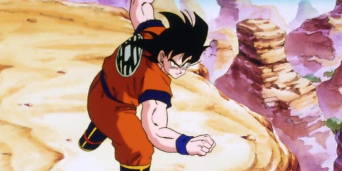 Goku em sua posição de luta enquanto se prepara para lutar contra Vegeta em Dragon Ball Z