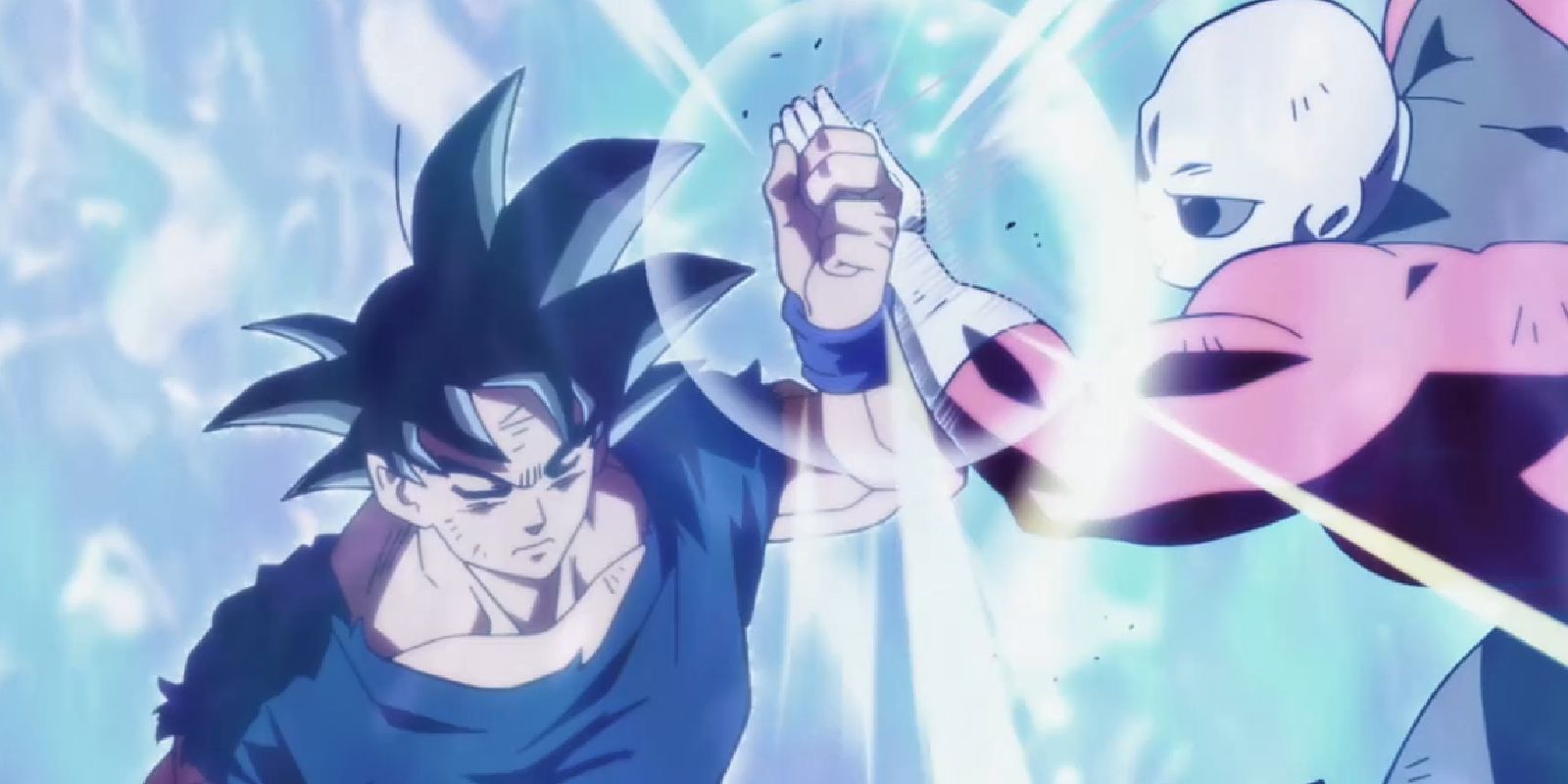 Goku luta contra Jiren com os olhos fechados no modo Ultra Instinct em Dragon Ball Super