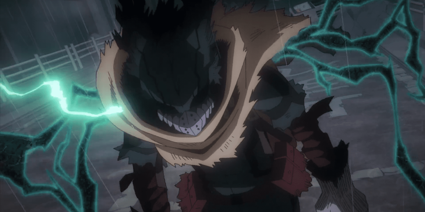 Deku avançando em direção à câmera em sua fantasia esfarrapada de herói, parecendo perturbador 